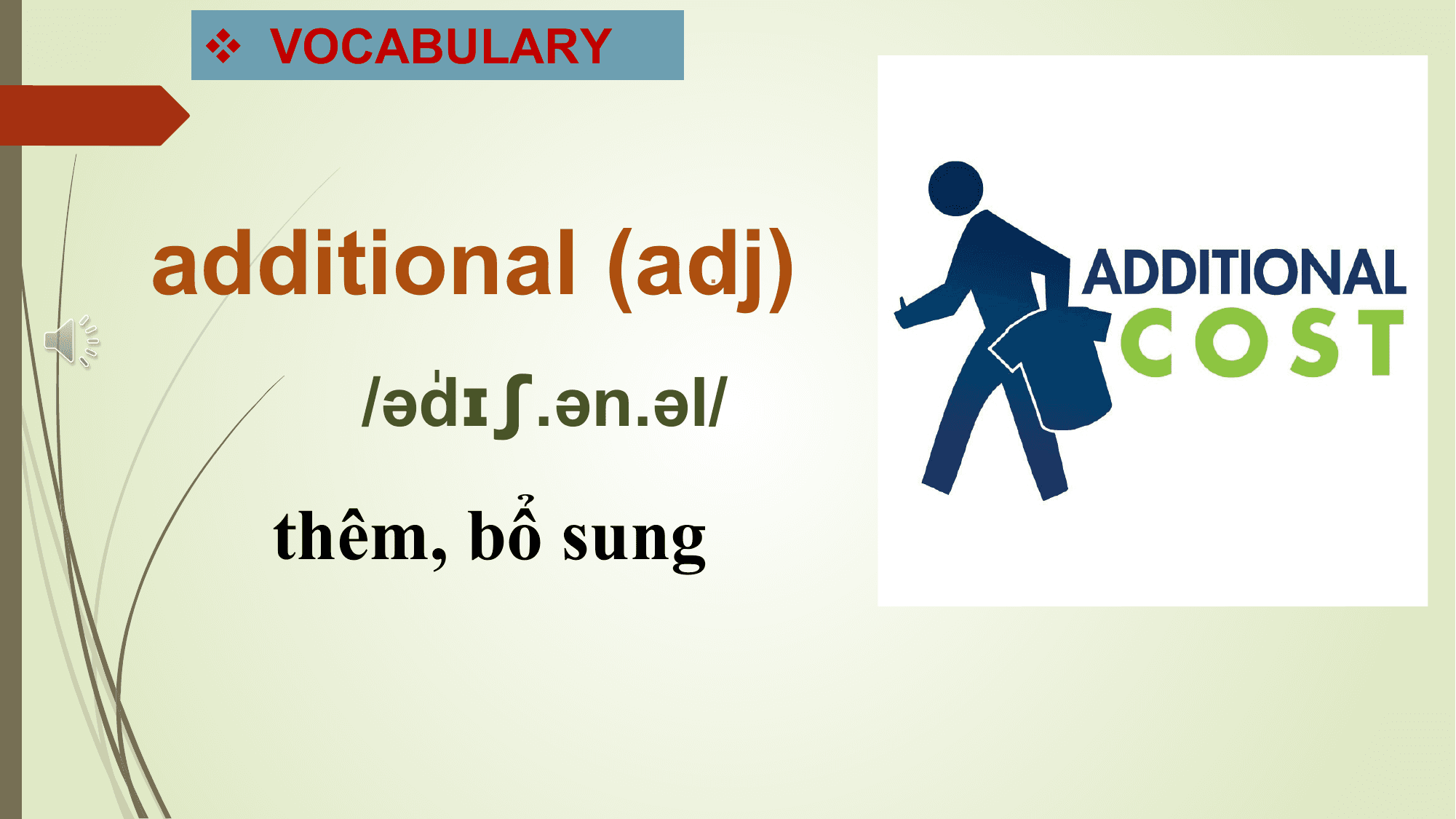 v VOCABULARY

additional (adj)
 .

 dɪʃ.ən.əl/
 /əˈ
 thêm, bổ sung