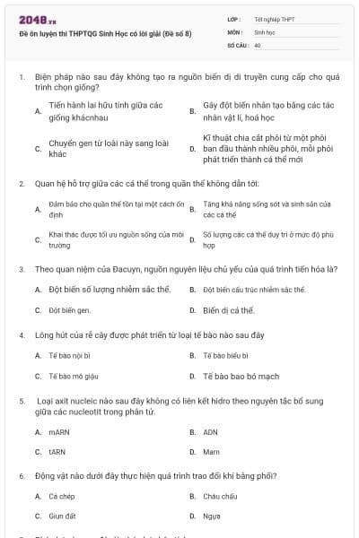 Đề ôn luyện thi THPTQG Sinh Học có lời giải (Đề số 8)