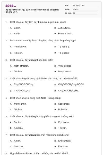 Bộ đề ôn thi THPTQG 2019 Hóa học cực hay có lời giải chi tiết (Đề số 2)