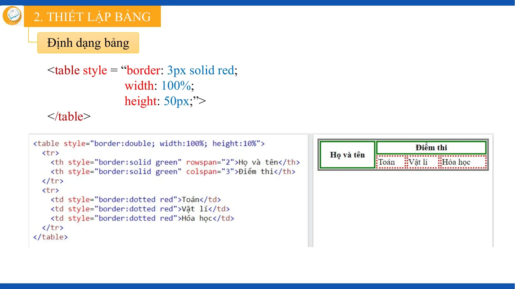 2. THIẾT LẬP BẢNG

 Định dạng bảng

 <table style = “border: 3px solid red;
 width: 100%;
 height: 50px;”>
 </table>