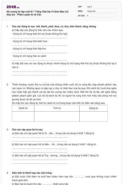 Đề cương ôn tập cuối kì 1 Tiếng Việt lớp 4 Cánh diều (có đáp án) - Phần Luyện từ và Câu