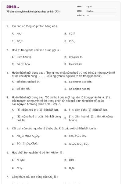 75 câu trắc nghiệm Liên kết hóa học cơ bản (P3)