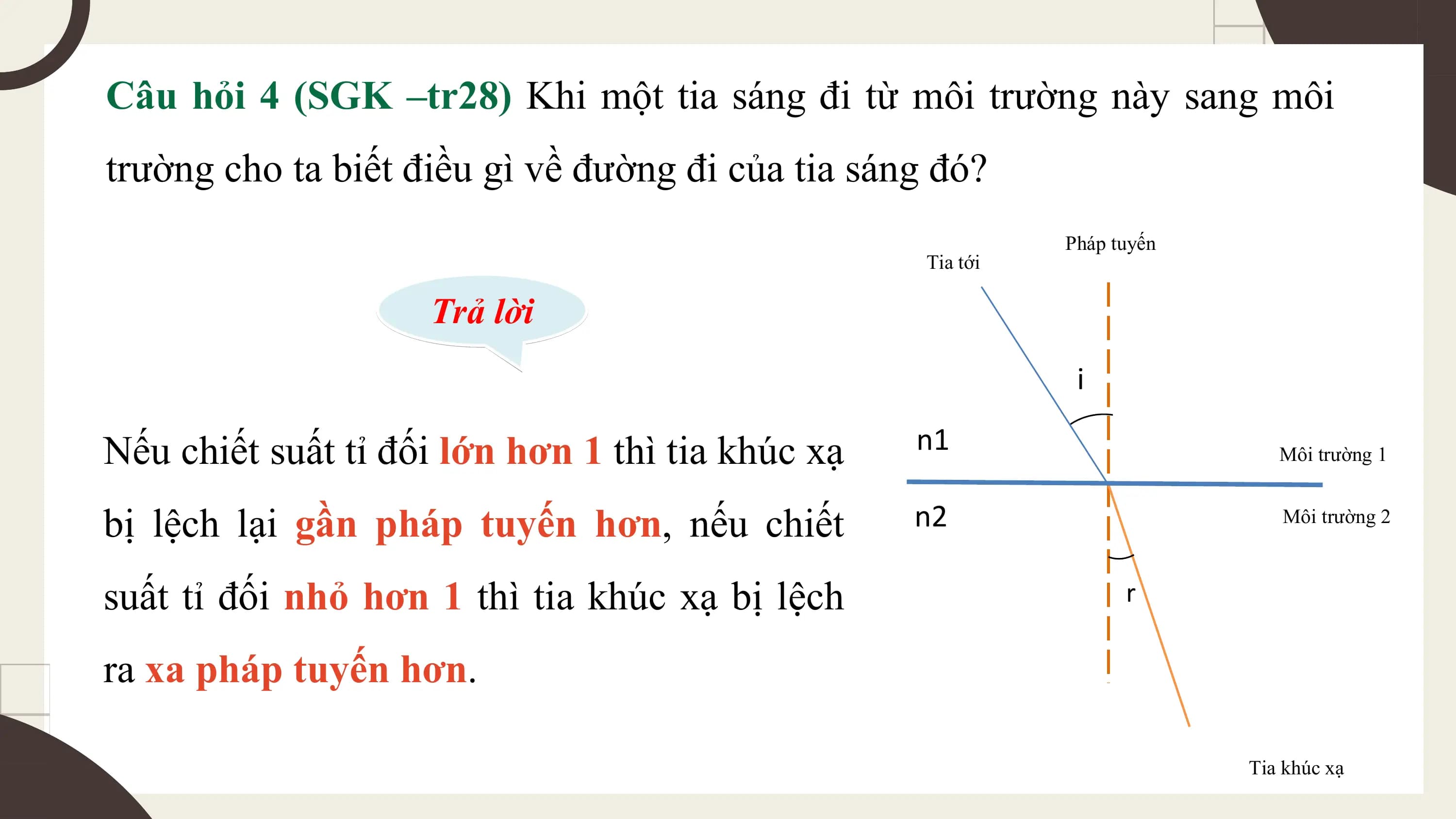 Câu hỏi 4 (SGK –tr28) Khi một tia sáng đi từ môi trường này sang môi
trường cho ta biết điều gì về đường đi của tia sáng đó?
 Pháp tuyến
 Tia tới

 Trả lời
 i

Nếu chiết suất tỉ đối lớn hơn 1 thì tia khúc xạ n1 Môi trường 1

bị lệch lại gần pháp tuyến hơn, nếu chiết n2 Môi trường 2

suất tỉ đối nhỏ hơn 1 thì tia khúc xạ bị lệch r

ra xa pháp tuyến hơn.

 Tia khúc xạ