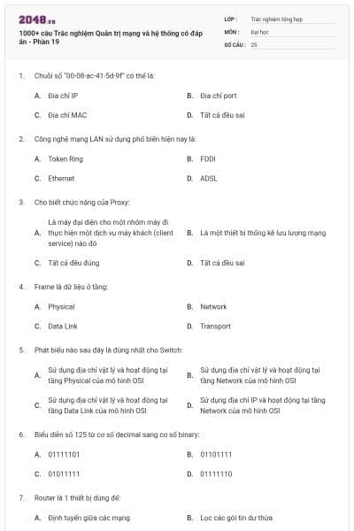 1000+ câu Trắc nghiệm Quản trị mạng và hệ thống có đáp án - Phần 19