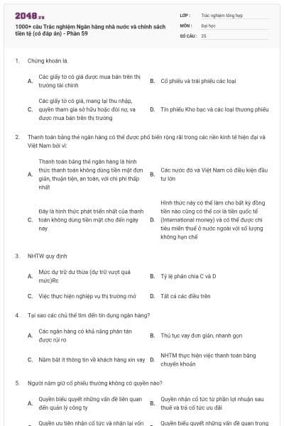 1000+ câu Trắc nghiệm Ngân hàng nhà nước và chính sách tiền tệ (có đáp án) - Phần 59