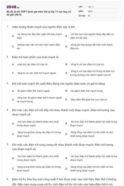 Bộ đề ôn thi THPT Quốc gia môn Vật Lý lớp 11 cực hay, có lời giải (Đề 8)