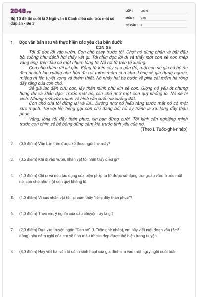 Bộ 10 đề thi cuối kì 2 Ngữ văn 6 Cánh diều cấu trúc mới có đáp án - Đề 3