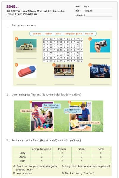 Giải SGK Tiếng anh 3 Guess What Unit 1: In the garden Lesson 8 trang 29 có đáp án