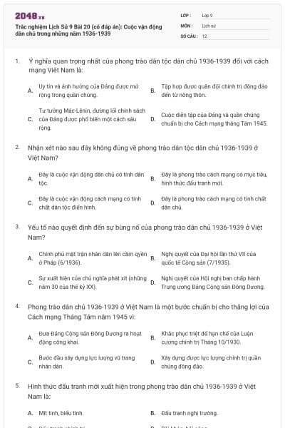 Trắc nghiệm Lịch Sử 9 Bài 20 (có đáp án): Cuộc vận động dân chủ trong những năm 1936-1939