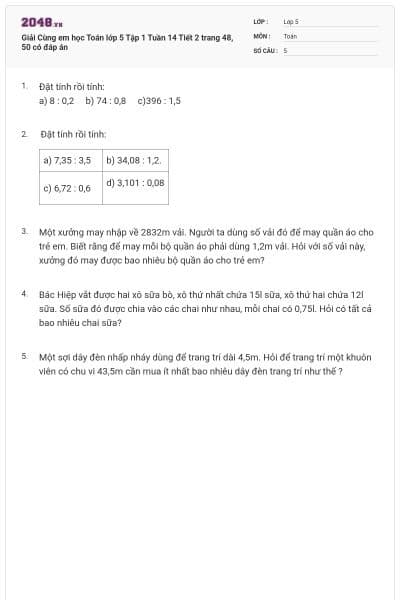 Giải Cùng em học Toán lớp 5 Tập 1 Tuần 14 Tiết 2 trang 48, 50 có đáp án