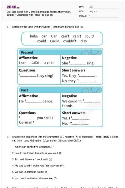 Giải SBT Tiếng Anh 7 Unit 5 Language focus: Ability (can, could) – Questions with “How” có đáp án