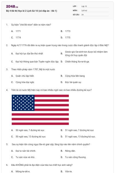 Bộ 4  Đề thi Học kì 2 Lịch Sử 10 (có đáp án - Đề 1)