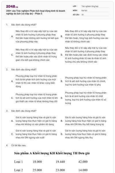 200+ câu Trắc nghiệm Phân tích hoạt động kinh tế doanh nghiệp du lịch (có đáp án) - Phần 5