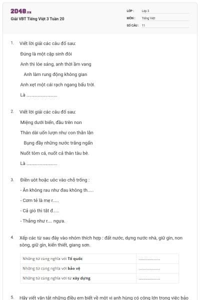 Giải VBT Tiếng Việt 3 Tuần 20
