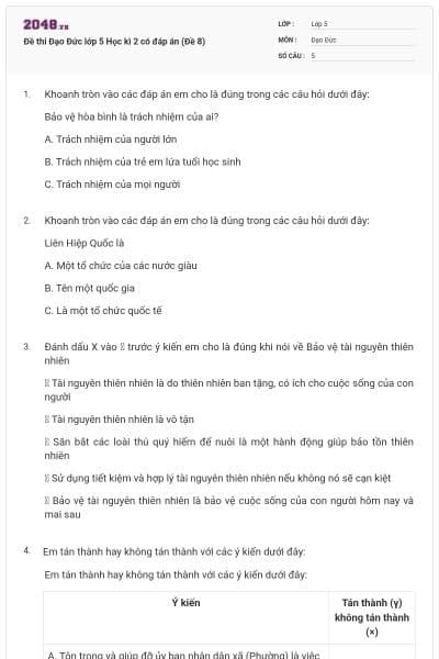 Đề thi Đạo Đức lớp 5 Học kì 2 có đáp án (Đề 8)