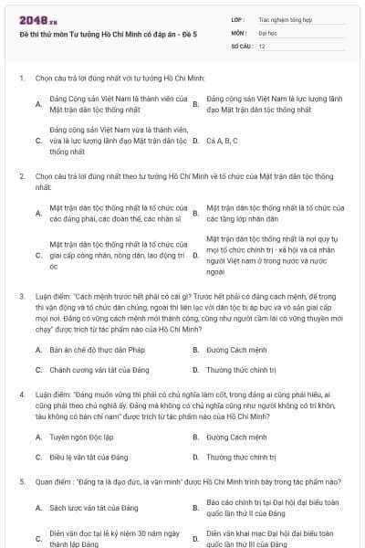 Đề thi thử môn Tư tưởng Hồ Chí Minh có đáp án - Đề 5