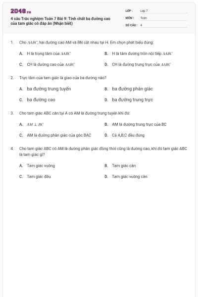 4 câu Trắc nghiệm Toán 7 Bài 9: Tính chất ba đường cao của tam giác có đáp án (Nhận biết)