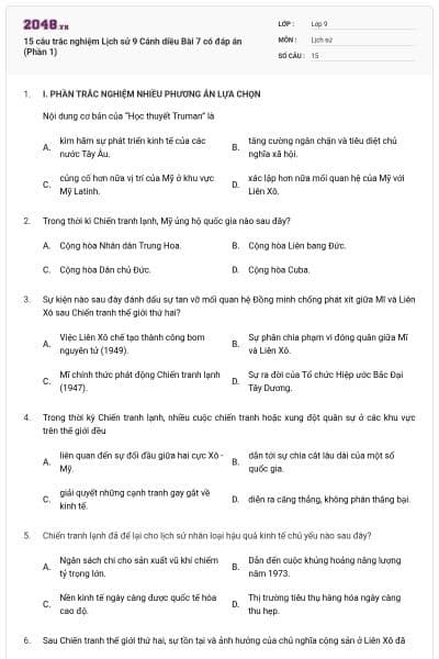 15 câu trắc nghiệm Lịch sử 9 Cánh diều Bài 7 có đáp án (Phần 1)