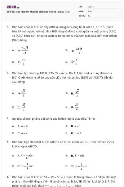 264 Bài trắc nghiệm Khối đa diện cực hay có lời giải (P2)
