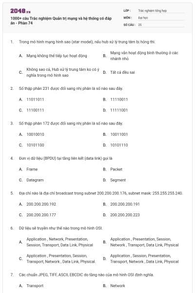 1000+ câu Trắc nghiệm Quản trị mạng và hệ thống có đáp án - Phần 74
