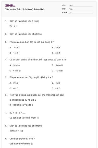 Trắc nghiệm Toán 2 (có đáp án): Bảng chia 5