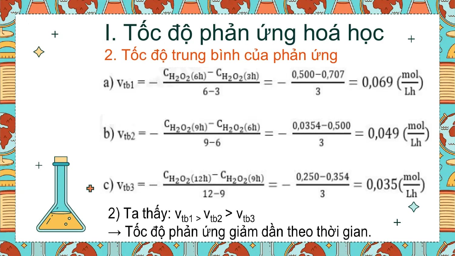 I. Tốc độ phản ứng hoá học
2. Tốc độ trung bình của phản ứng