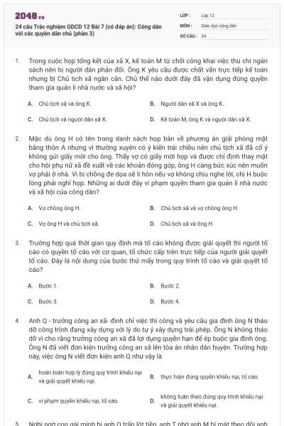 24 câu Trắc nghiệm GDCD 12 Bài 7 (có đáp án): Công dân với các quyền dân chủ (phần 3)