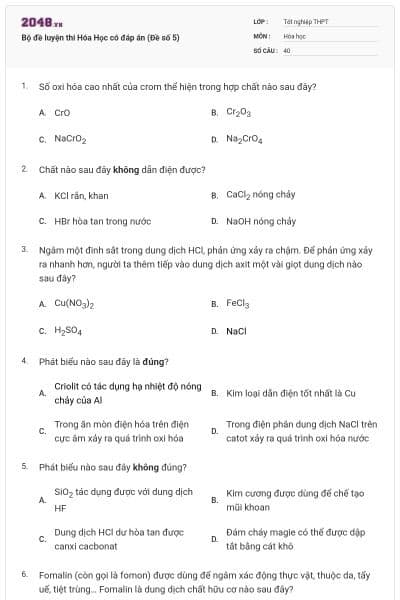 Bộ đề luyện thi Hóa Học có đáp án (Đề số 5)