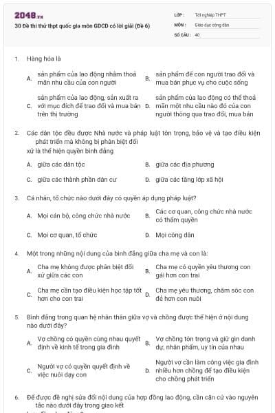 30 Đề thi thử thpt quốc gia môn GDCD có lời giải (Đề 6)