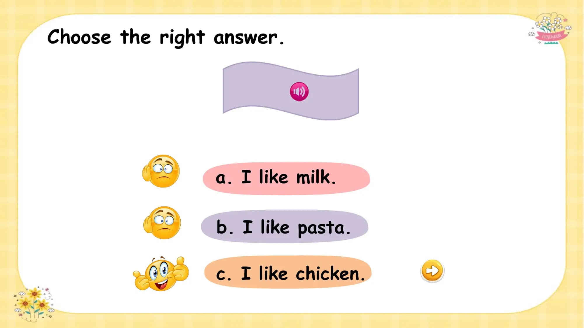 Choose the right answer.

 What is this ?
 a. I like milk.

 b. I like pasta.

 c. I like chicken.