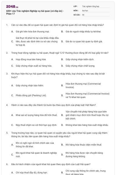600+ câu Trắc nghiệm Nghiệp vụ hải quan (có đáp án) - Phần 17