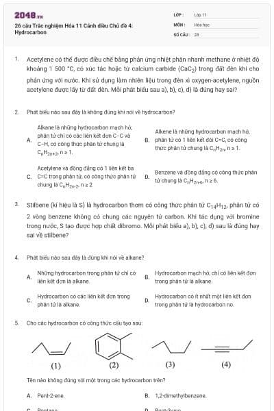 26 câu Trắc nghiệm Hóa 11 Cánh diều Chủ đề 4: Hydrocarbon