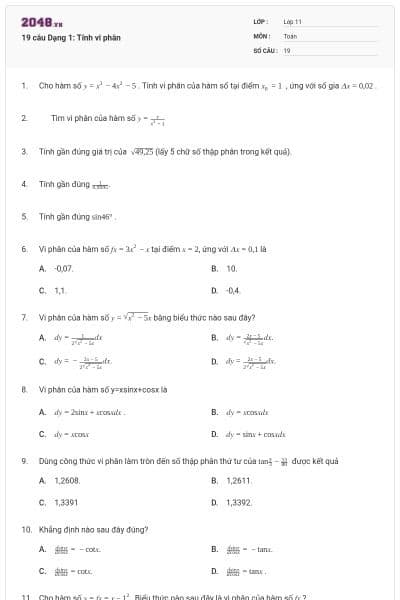19 câu Dạng 1: Tính vi phân