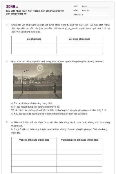 Giải VBT Khoa học 4 KNTT Bài 8. Ánh sáng và sự truyền ánh sáng có đáp án