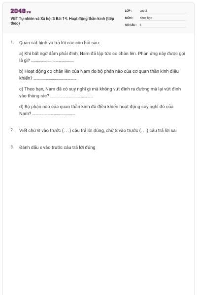 VBT Tự nhiên và Xã hội 3 Bài 14: Hoạt động thần kinh (tiếp theo)