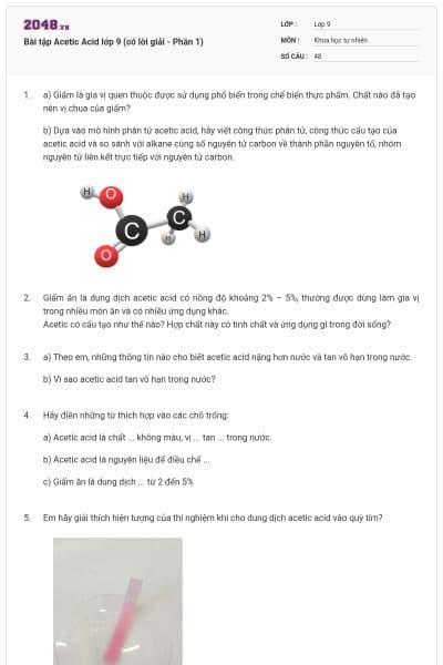 Bài tập Acetic Acid lớp 9 (có lời giải - Phần 1)