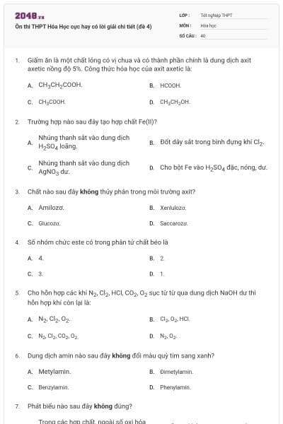 Ôn thi THPT Hóa Học cực hay có lời giải chi tiết (đề 4)