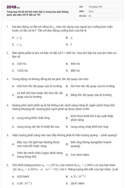 Tổng hợp 20 đề thi thử môn Vật Lí trung học phổ thông quốc gia năm 2019 (Đề số 19)