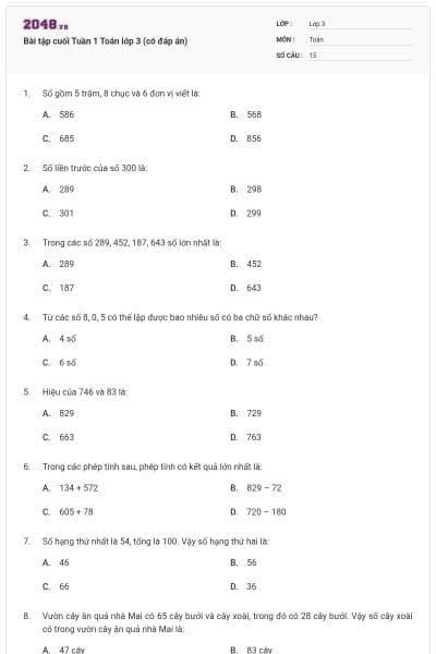 Bài tập cuối Tuần 1 Toán lớp 3 (có đáp án)