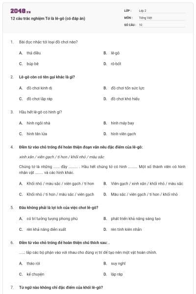 12 câu trắc nghiệm Tớ là lê-gô (có đáp án)