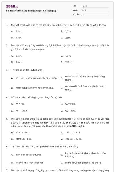 Bài toán về thế năng đơn giản lớp 10 (có lời giải)