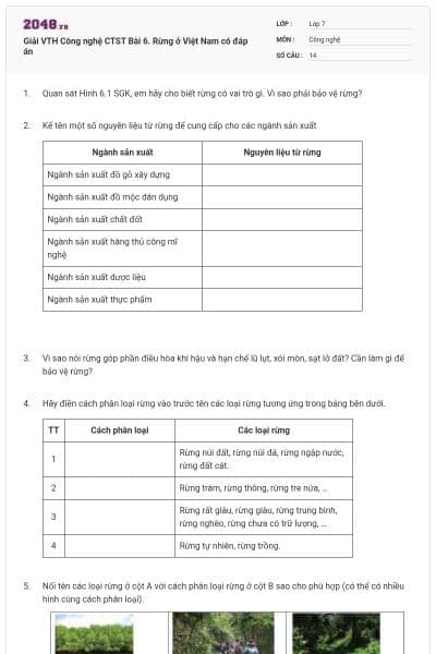 Giải VTH Công nghệ CTST Bài 6. Rừng ở Việt Nam có đáp án
