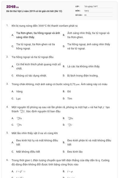 Đề thi thử Vật Lí năm 2019 có lời giải chi tiết (Đề 13)