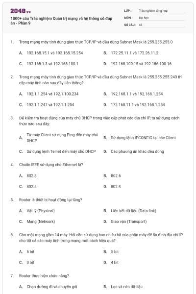 1000+ câu Trắc nghiệm Quản trị mạng và hệ thống có đáp án - Phần 9