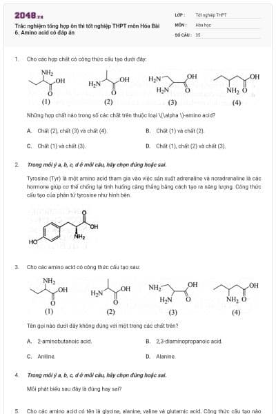 Trắc nghiệm tổng hợp ôn thi tốt nghiệp THPT môn Hóa Bài 6. Amino acid có đáp án