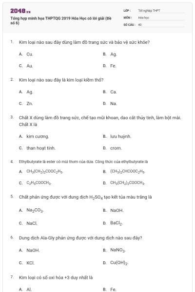 Tổng hợp minh họa THPTQG 2019 Hóa Học có lời giải (Đề số 6)