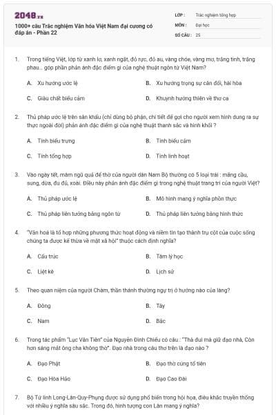 1000+ câu Trắc nghiệm Văn hóa Việt Nam đại cương có đáp án - Phần 22