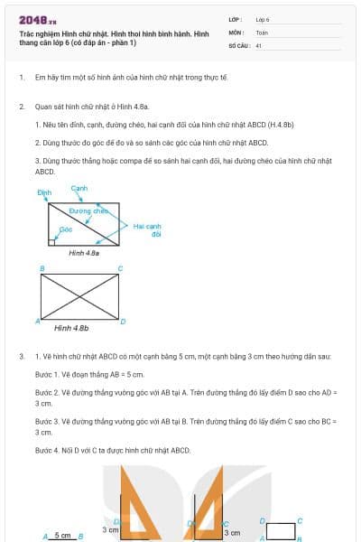 Trắc nghiệm Hình chữ nhật. Hình thoi hình bình hành. Hình thang cân lớp 6 (có đáp án - phần 1)