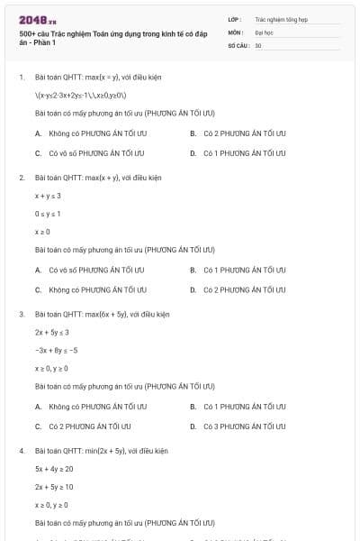 500+ câu Trắc nghiệm Toán ứng dụng trong kinh tế có đáp án - Phần 1