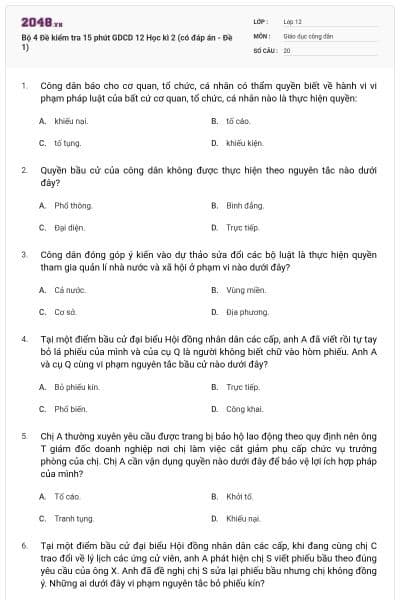 Bộ 4 Đề kiểm tra 15 phút GDCD 12 Học kì 2 (có đáp án - Đề 1)
